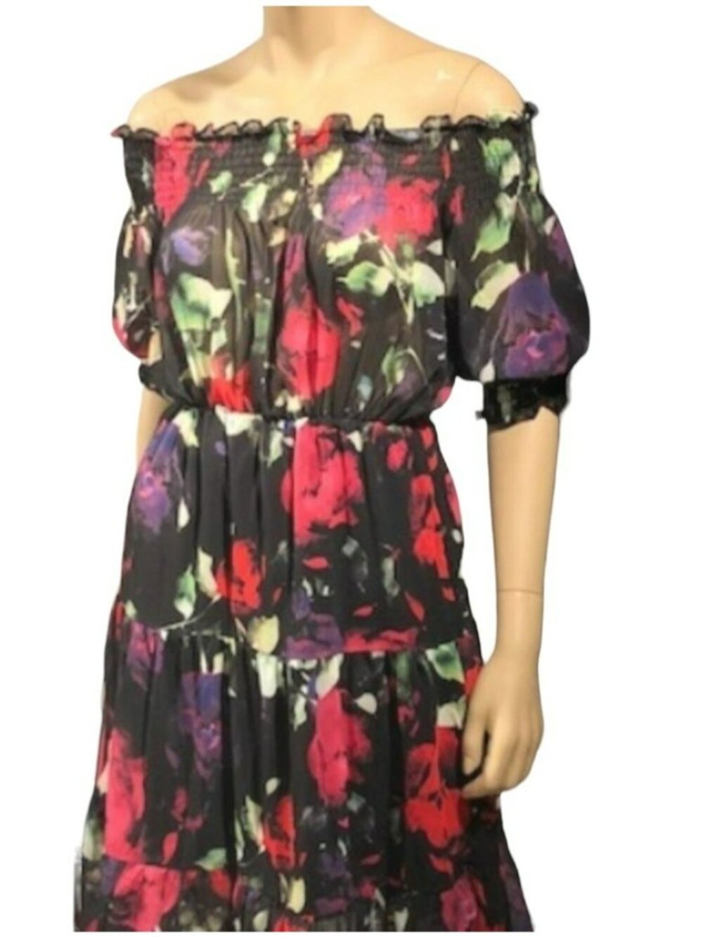 KikiRiki Off The Shoulder Sheer Floral Maxi Dress Black Pink Size Small NWT